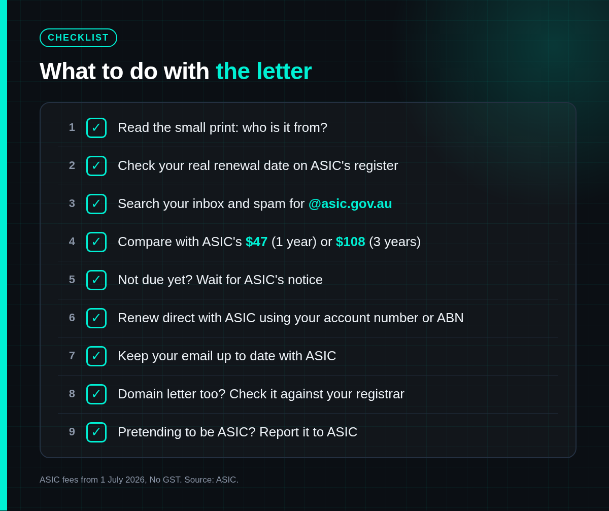 Checklist card with nine steps for dealing with a business name renewal letter, from reading the small print and checking your renewal date on ASIC's register to renewing direct with ASIC and reporting anything pretending to be ASIC.