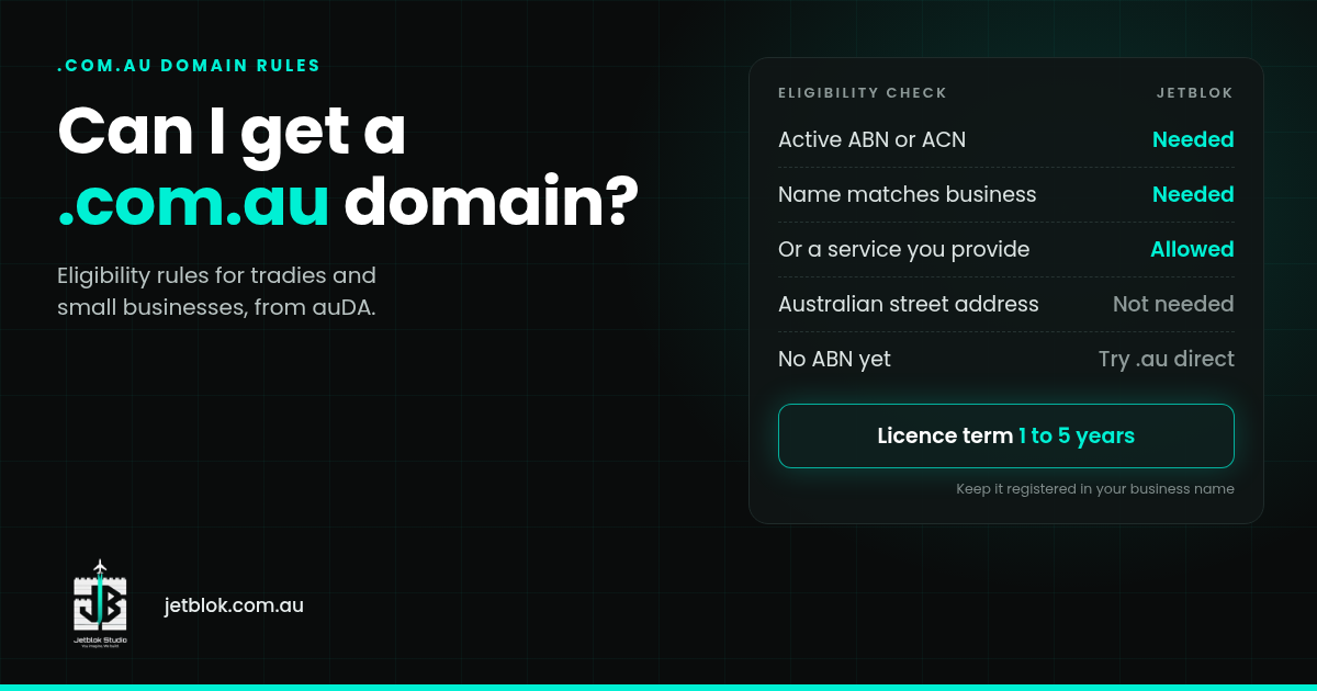 Dark JetBlok graphic reading Can I get a .com.au domain? with an eligibility checklist: active ABN or ACN, a name that matches your business or a service you provide, and .au direct if you have no ABN yet.