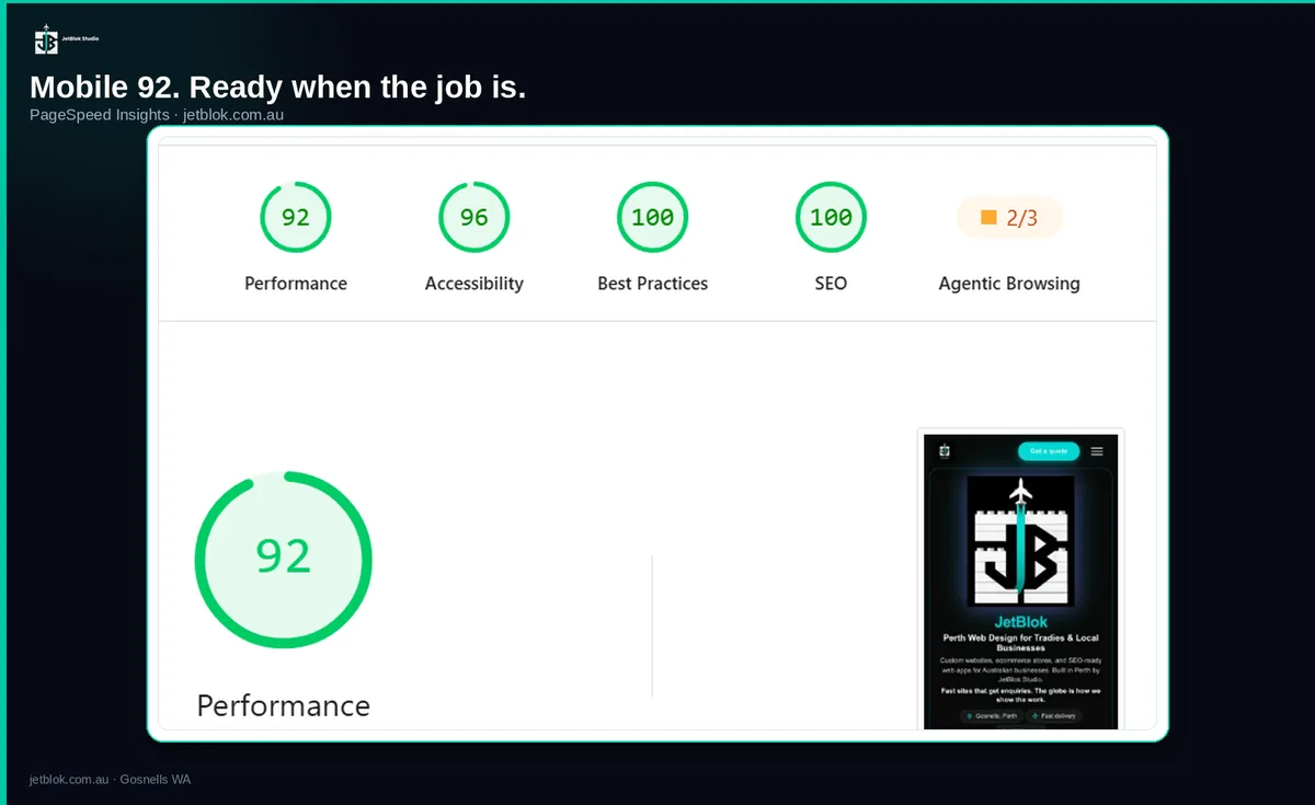 JetBlok.com.au PageSpeed Insights mobile scores, Performance 92, Accessibility 96, Best Practices 100, SEO 100