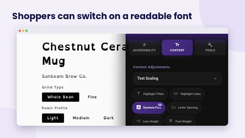 Shopify product page displayed with the AccessiWidget dyslexia friendly font turned on