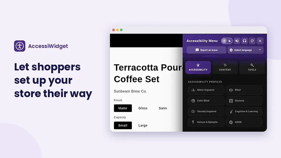 Lavender AccessiWidget graphic with the accessibility panel open on a Shopify product page showing preset profiles