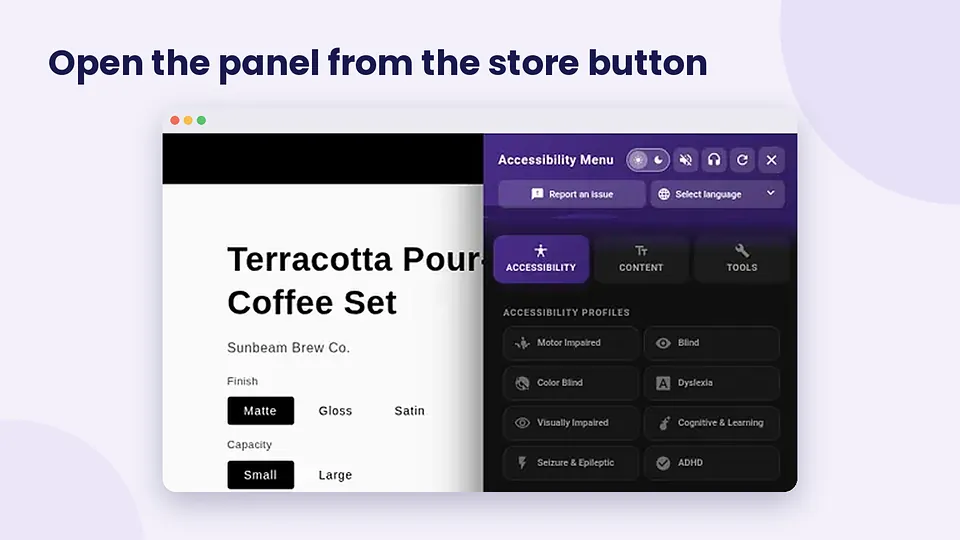 AccessiWidget accessibility panel open on a Shopify product page