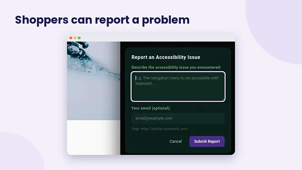 AccessiWidget panel with the shopper accessibility issue report form open