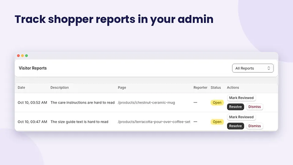 AccessiWidget reports inbox in Shopify admin listing shopper accessibility issue reports