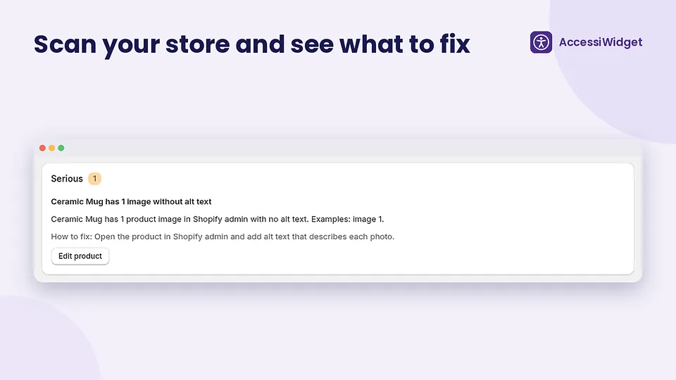 AccessiWidget store scan results for a Shopify store with fix tips