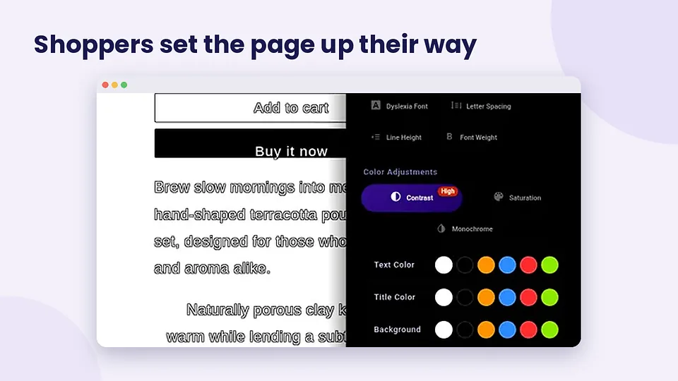 Shopify product page with larger text, higher contrast and reading guide from AccessiWidget