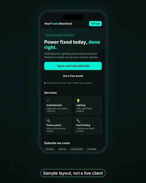 Sample $999 Starter tradie website layout on a phone with tap to call, services and suburbs