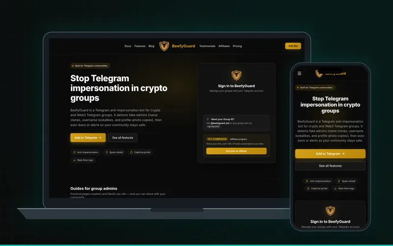BeefyGuard Telegram anti-impersonation bot website by JetBlok Studio on a laptop and phone