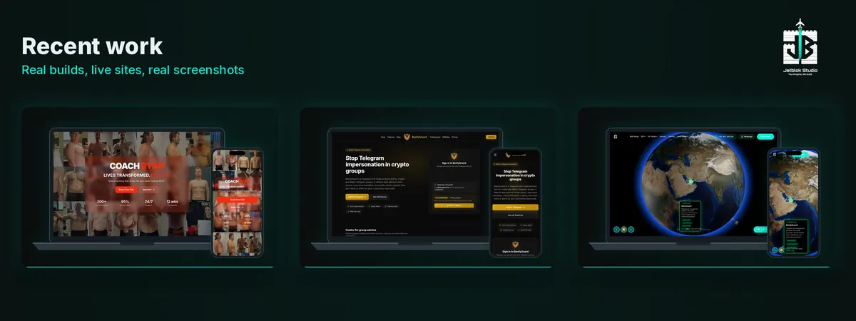 Recent work by JetBlok Studio: Coach Ryan, BeefyGuard and the portfolio globe on laptops and phones