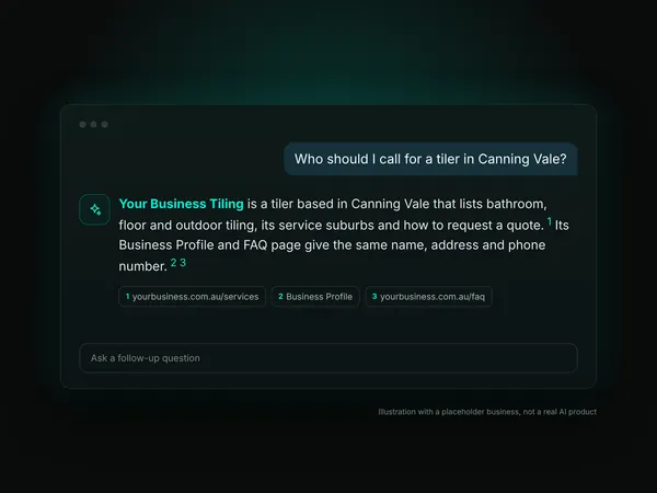 Illustration of an AI assistant answering a local question and citing a business website, profile and FAQ page