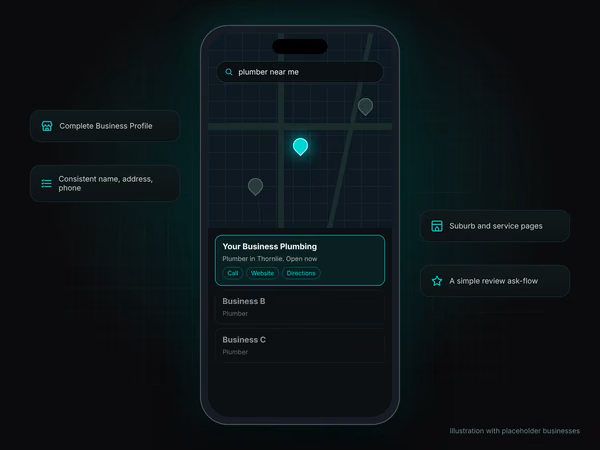 Illustration of a local business in the Google map pack on a phone