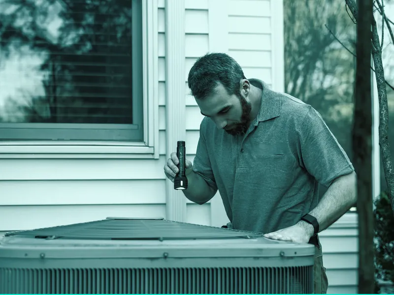 Air conditioning technician inspecting an outdoor condenser unit at a home