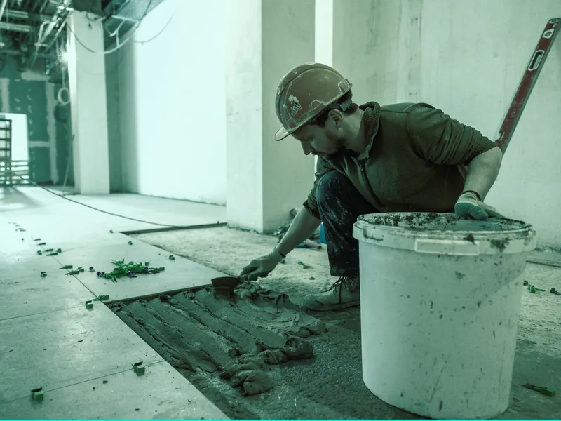 Tiler in hard hat and hi-vis laying floor tiles in a renovation