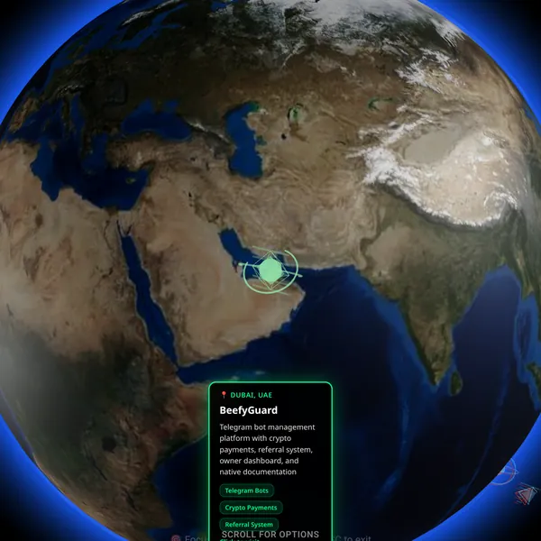 Still of the JetBlok interactive 3D globe showing project markers, built with Three.js