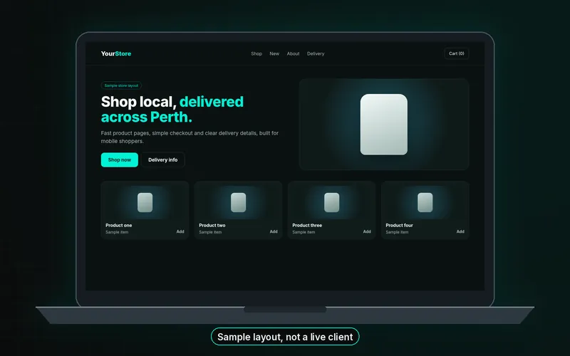Sample online store layout on a laptop with product grid, cart and delivery details