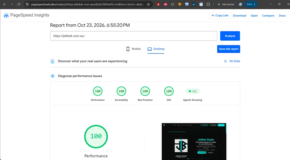 Google PageSpeed Insights desktop report for jetblok.com.au showing Performance 100, Accessibility 100, Best Practices 100, SEO 100, and Agentic Browsing 3 of 3