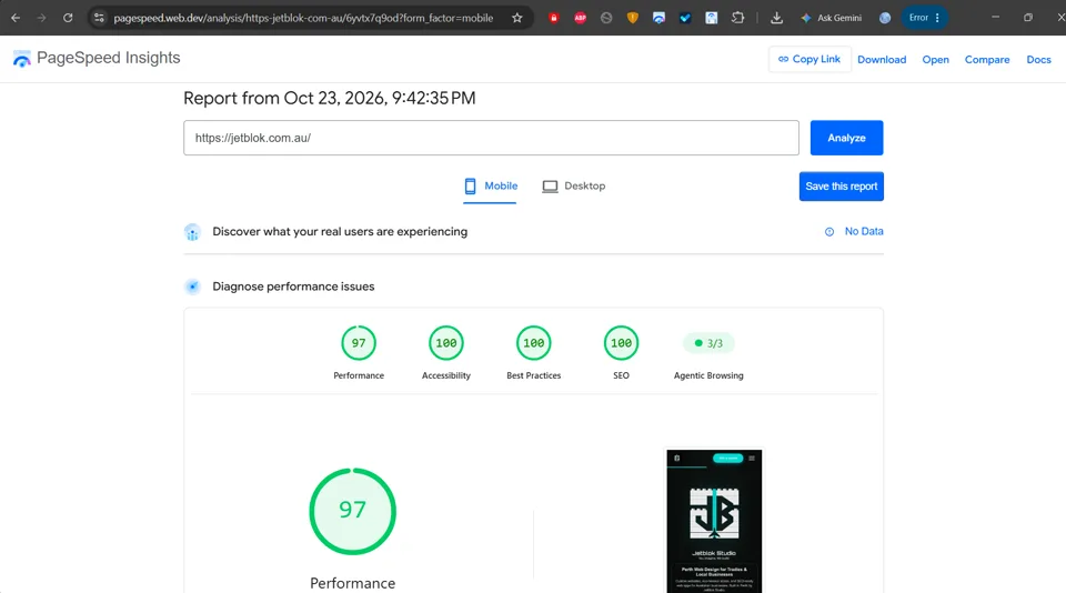 Google PageSpeed Insights mobile report for jetblok.com.au showing Performance 97, Accessibility 100, Best Practices 100, SEO 100, and Agentic Browsing 3 of 3
